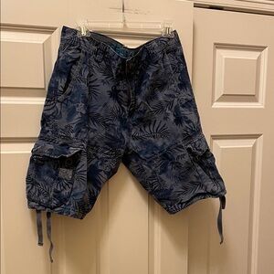 Navy Leaf Print Cargo Shorts for Men